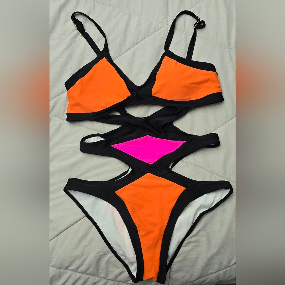Orange and Pink Sexy Cutout Swimsuit